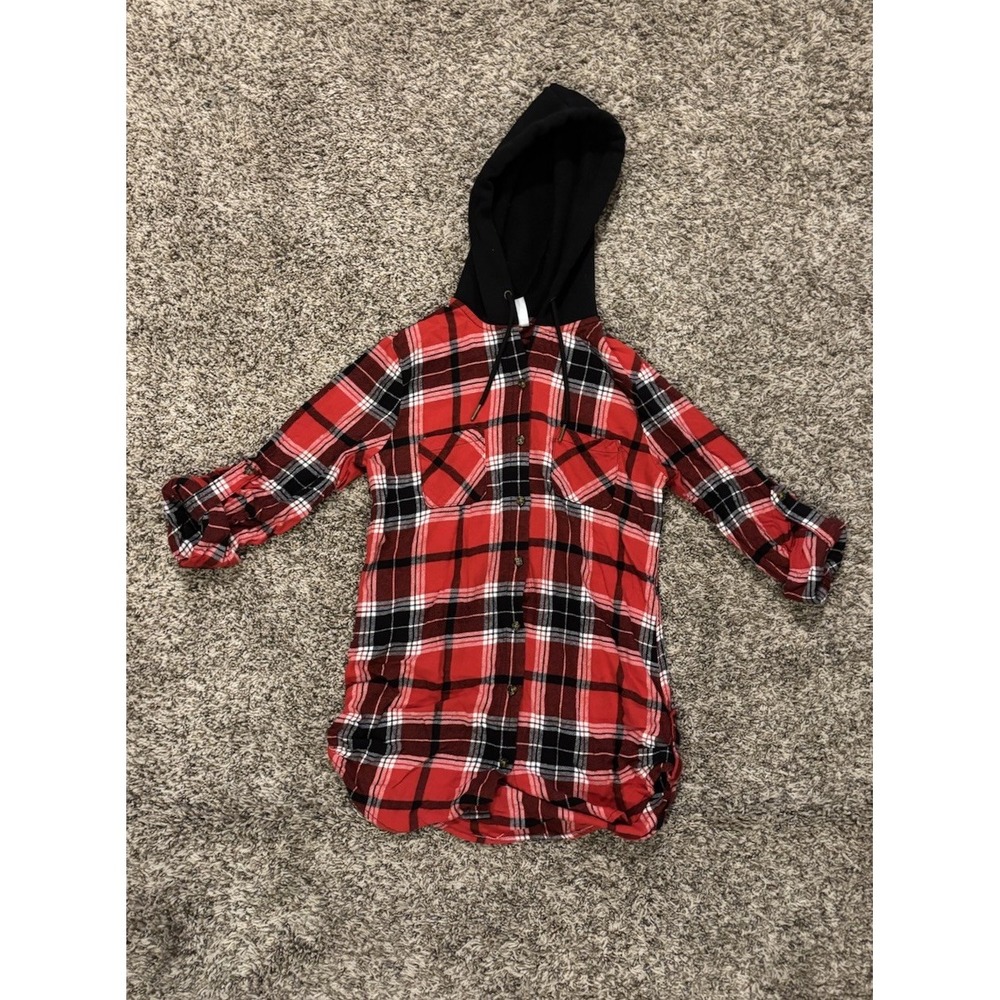No Boundaries Flannel Button Down Plaid Hooded Red Black Shirt Women’s Small